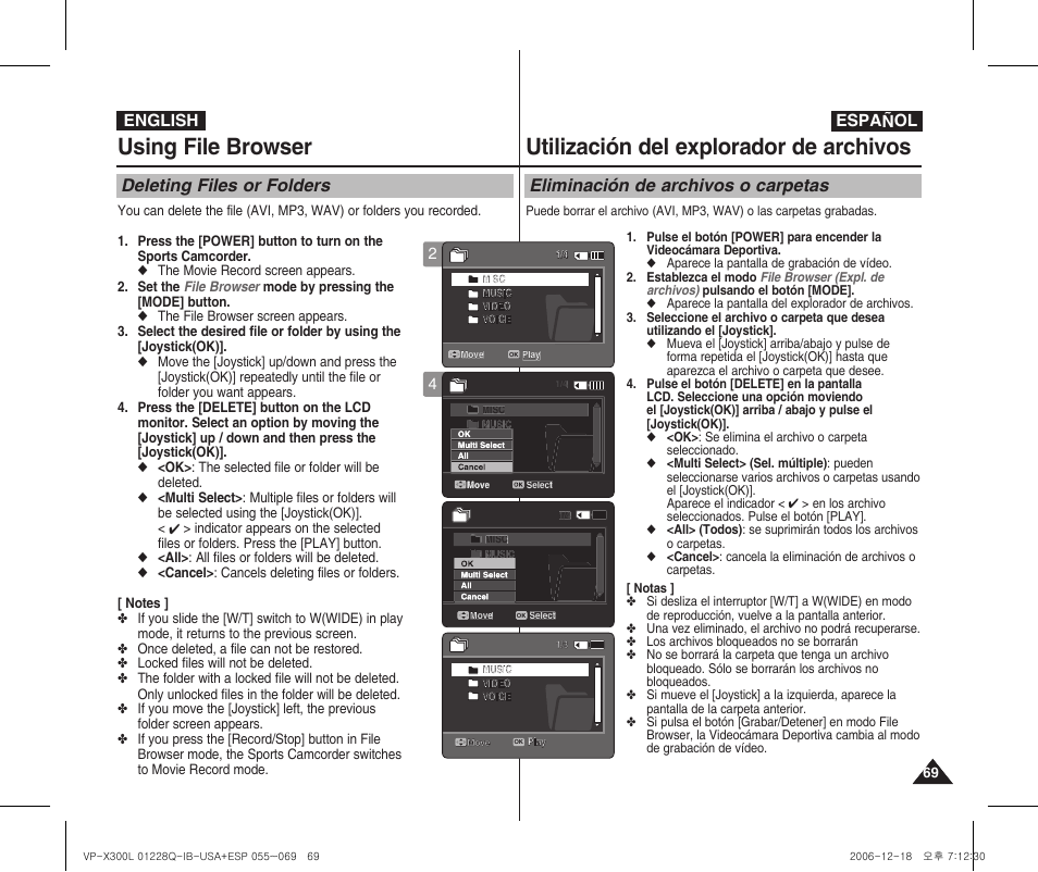 Using file browser, Utilización del explorador de archivos, Deleting files or folders | Eliminación de archivos o carpetas, English español | Samsung VP-X300 User Manual | Page 69 / 117