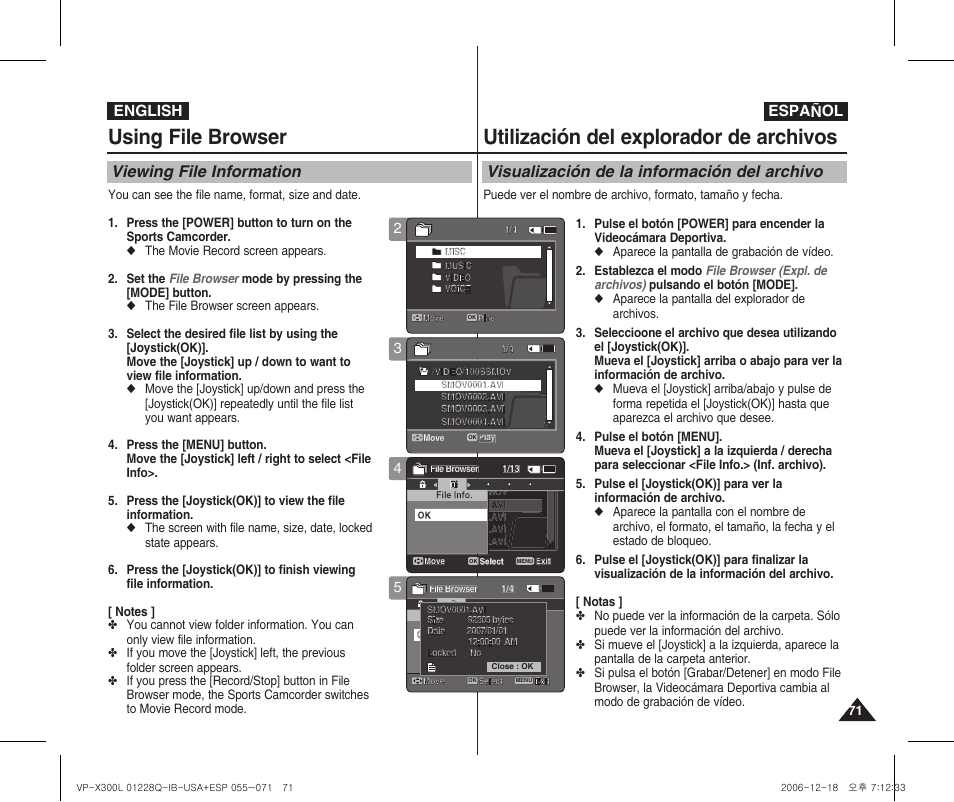Using file browser, Utilización del explorador de archivos, Viewing file information | Visualización de la información del archivo, English español | Samsung VP-X300 User Manual | Page 71 / 117