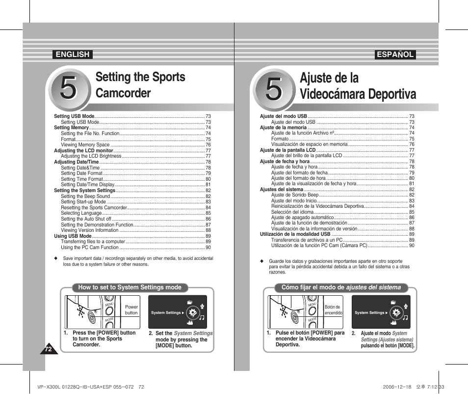 Ajuste de la videocámara deportiva, Setting the sports camcorder | Samsung VP-X300 User Manual | Page 72 / 117