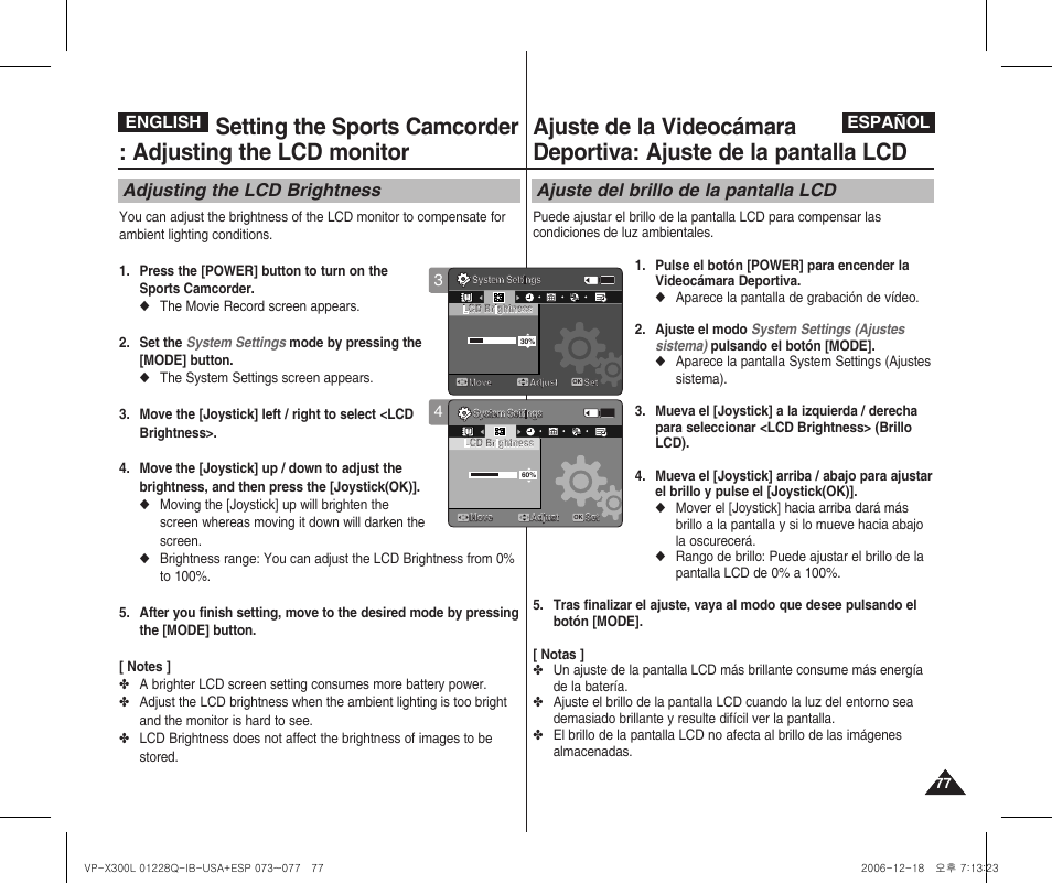 Adjusting the lcd brightness, Ajuste del brillo de la pantalla lcd, English español | Samsung VP-X300 User Manual | Page 77 / 117