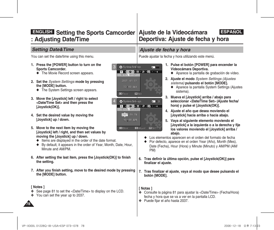 Setting the sports camcorder : adjusting date/time, Setting date&time, Ajuste de fecha y hora | English español | Samsung VP-X300 User Manual | Page 78 / 117