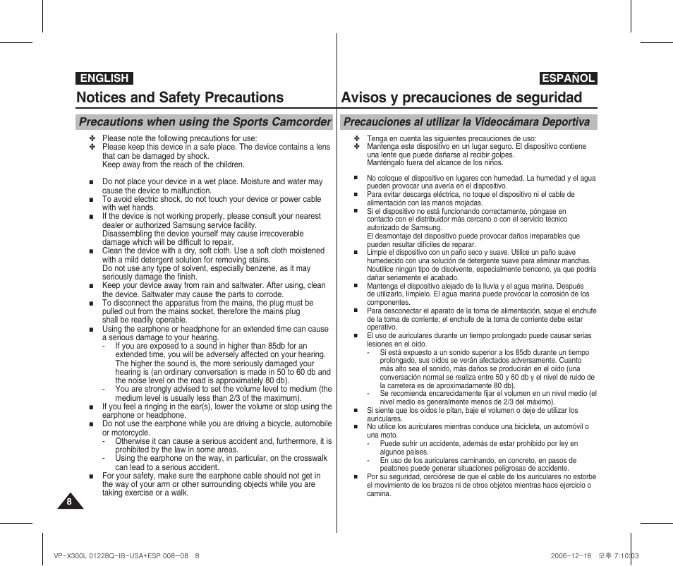 Notices and safety precautions, Avisos y precauciones de seguridad, Precautions when using the sports camcorder | Precauciones al utilizar la videocámara deportiva, English español | Samsung VP-X300 User Manual | Page 8 / 117