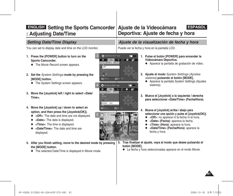 Setting the sports camcorder : adjusting date/time, Setting date/time display, Ajuste de la visualización de fecha y hora | English español | Samsung VP-X300 User Manual | Page 81 / 117