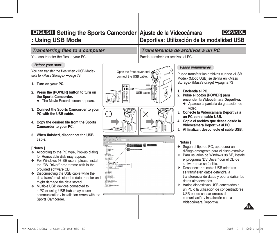 Setting the sports camcorder : using usb mode | Samsung VP-X300 User Manual | Page 89 / 117