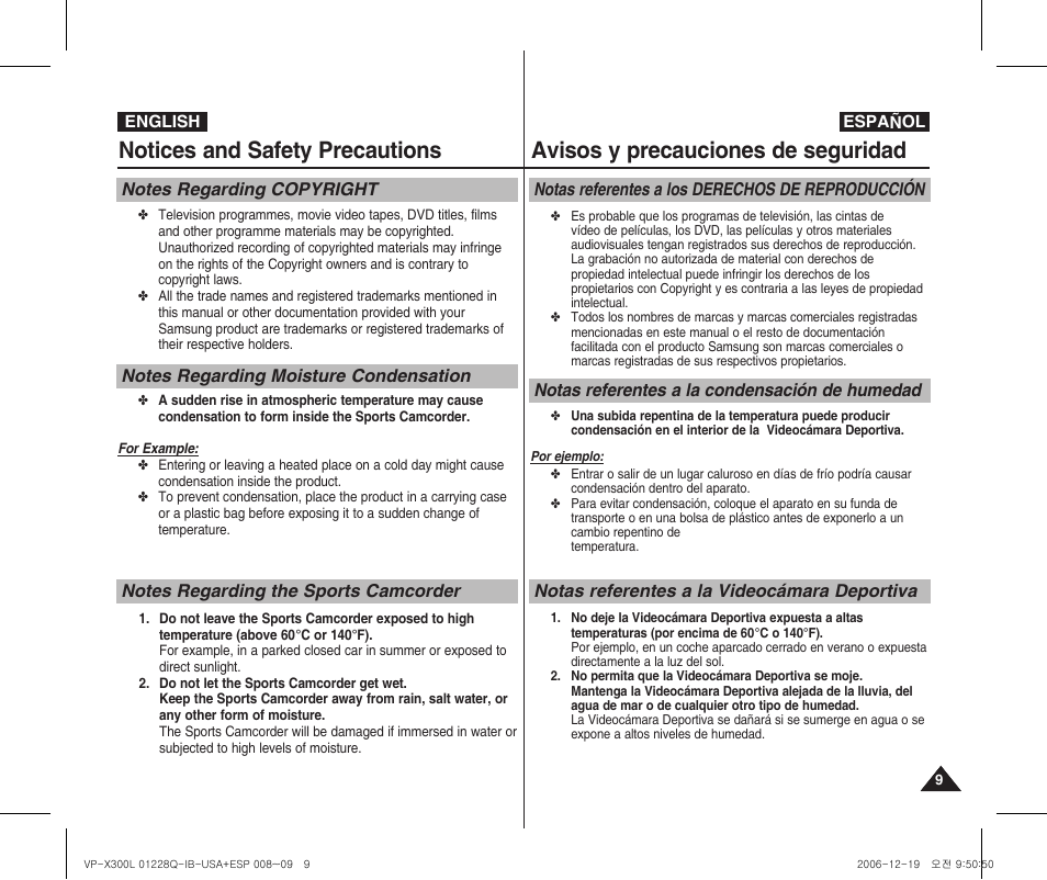 Notices and safety precautions, Avisos y precauciones de seguridad | Samsung VP-X300 User Manual | Page 9 / 117