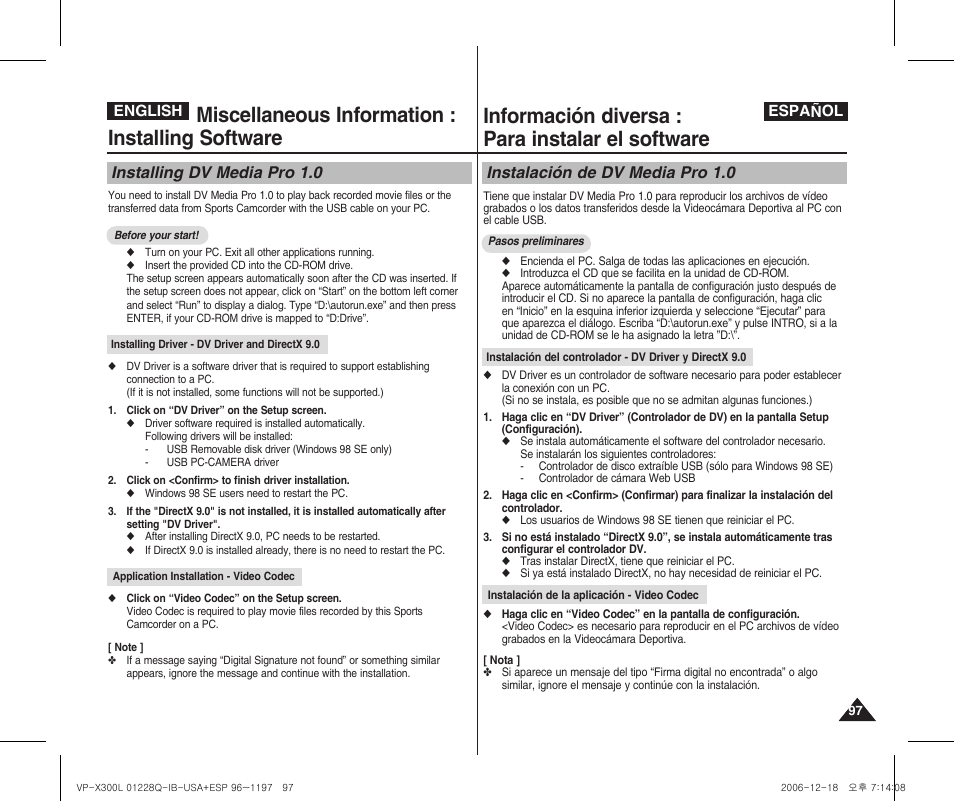 Miscellaneous information : installing software, Información diversa : para instalar el software, Installing dv media pro 1.0 | Instalación de dv media pro 1.0 | Samsung VP-X300 User Manual | Page 97 / 117