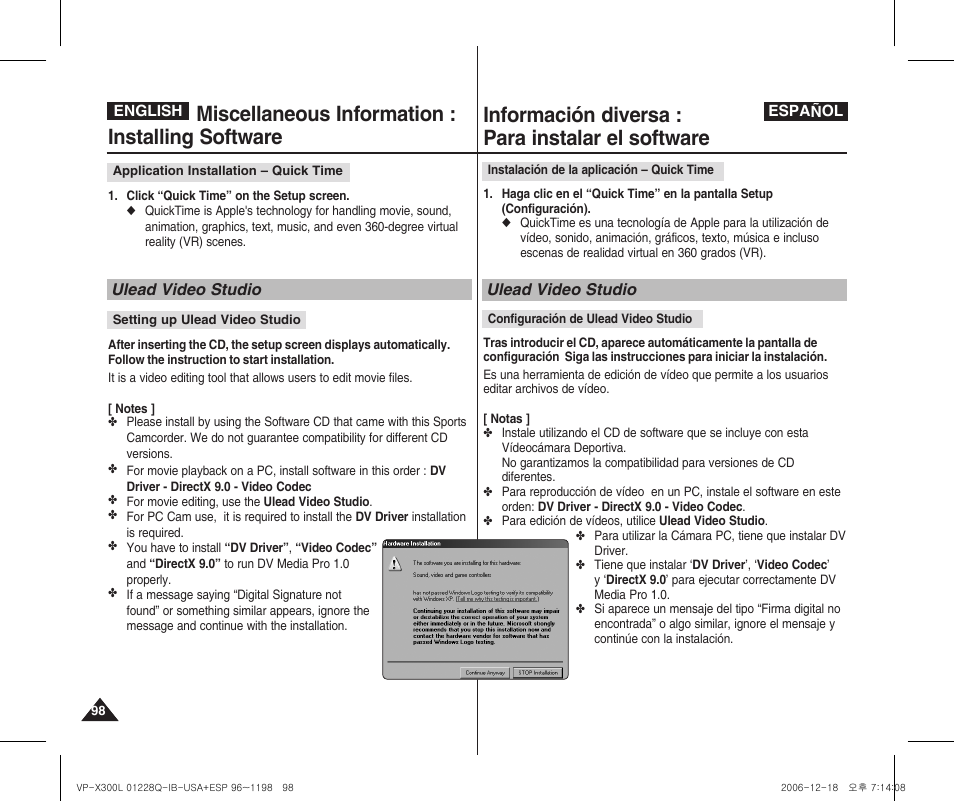 Miscellaneous information : installing software, Información diversa : para instalar el software | Samsung VP-X300 User Manual | Page 98 / 117