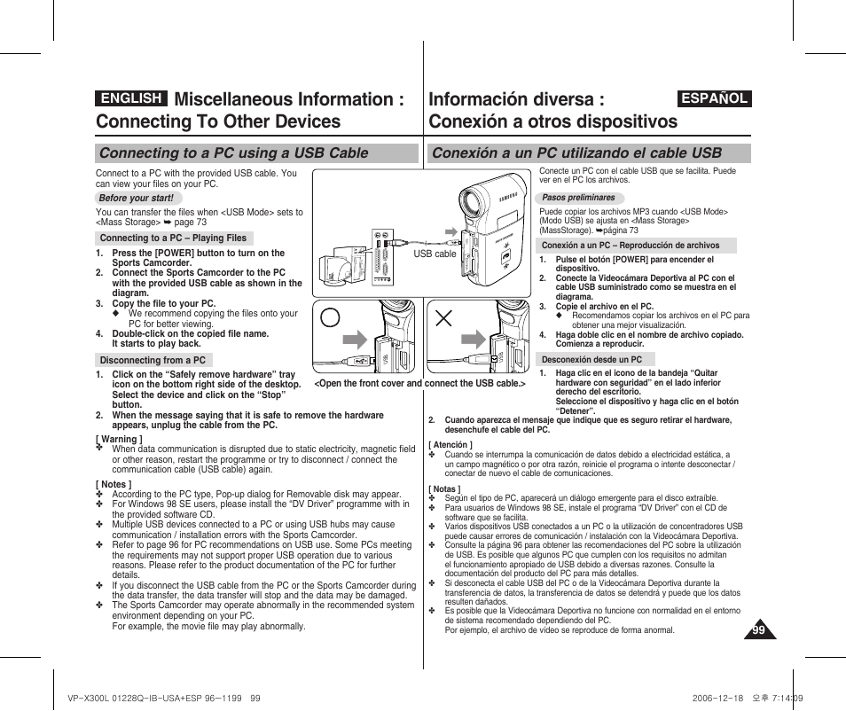 Connecting to a pc using a usb cable, Conexión a un pc utilizando el cable usb, English español | Samsung VP-X300 User Manual | Page 99 / 117