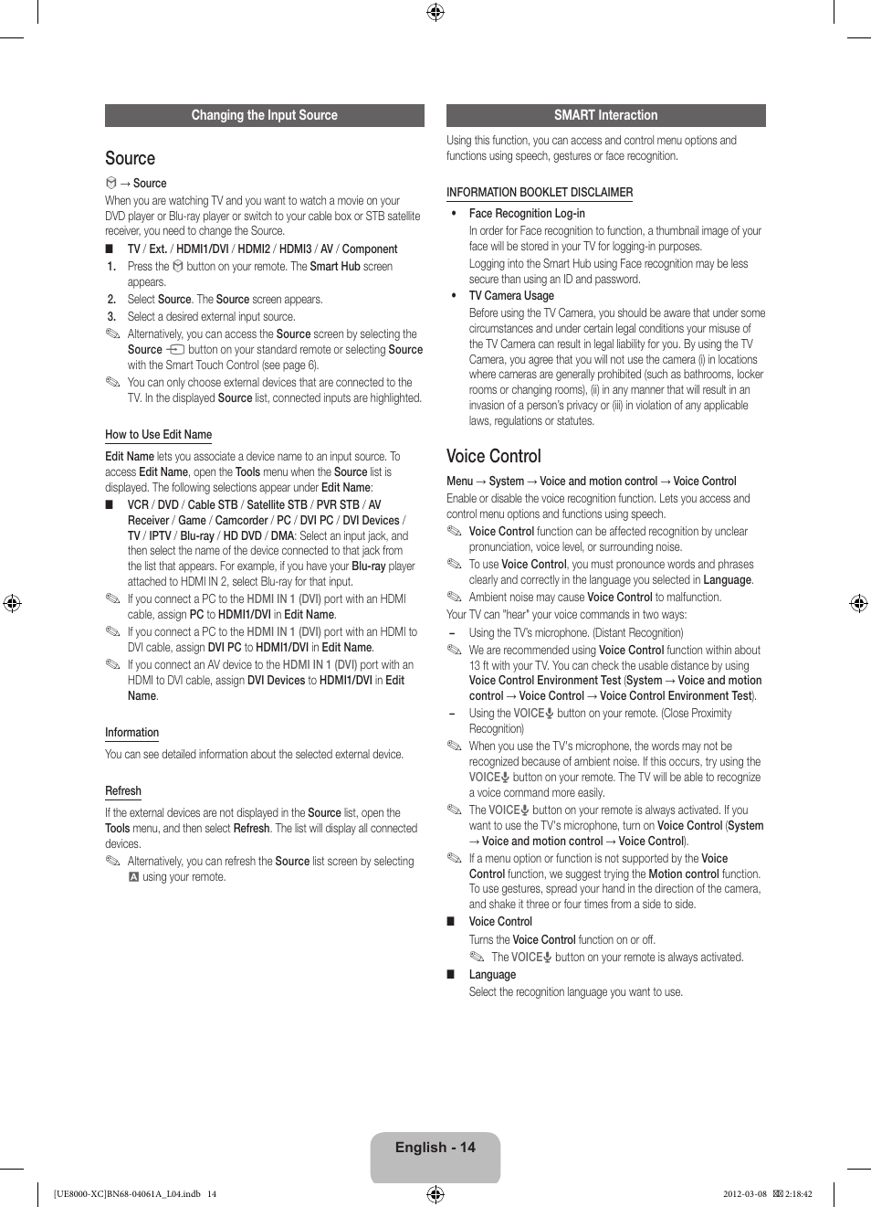 Source, Voice control | Samsung UE46ES8000S User Manual | Page 14 / 93