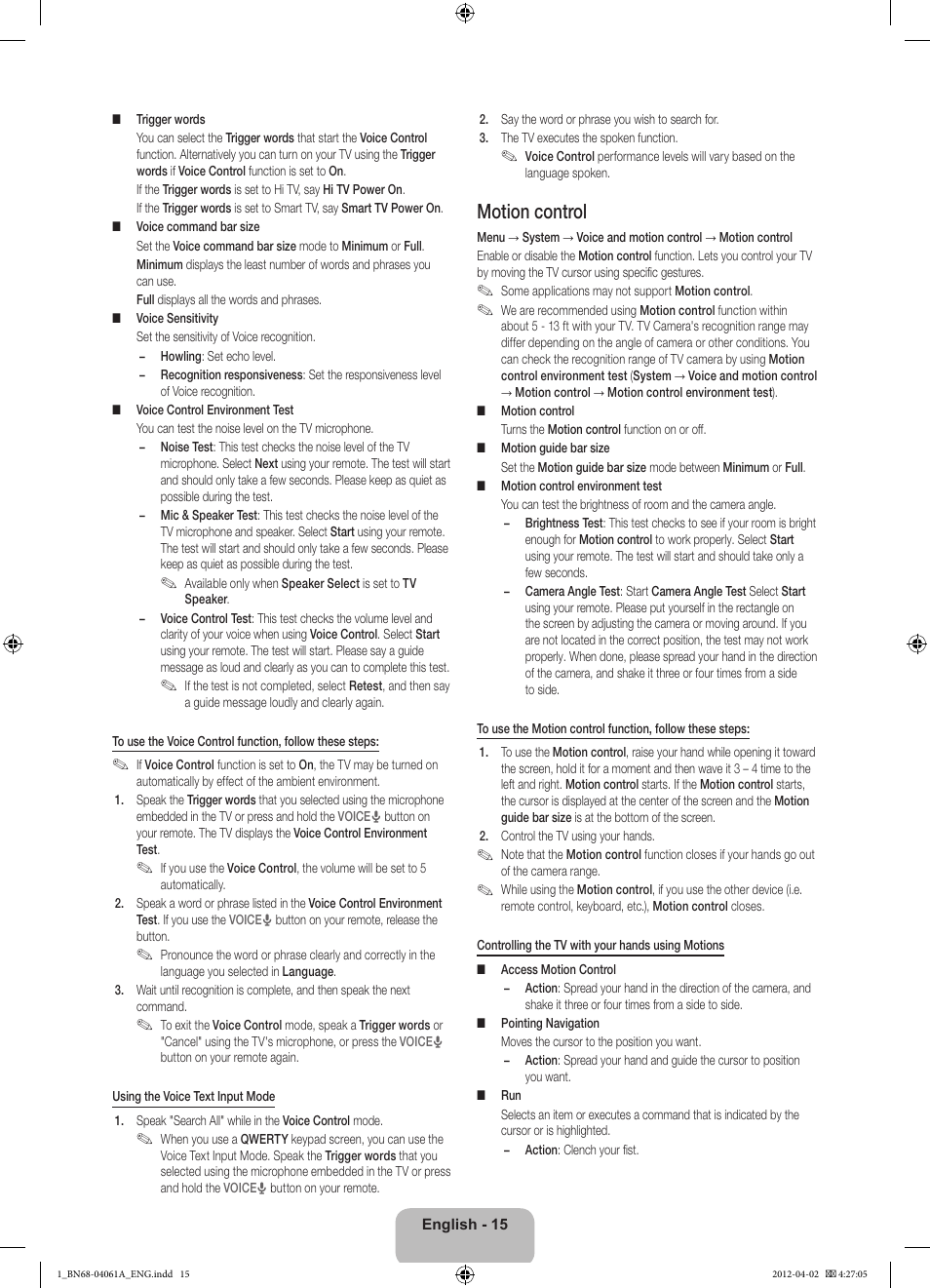 Motion control | Samsung UE46ES8000S User Manual | Page 15 / 93