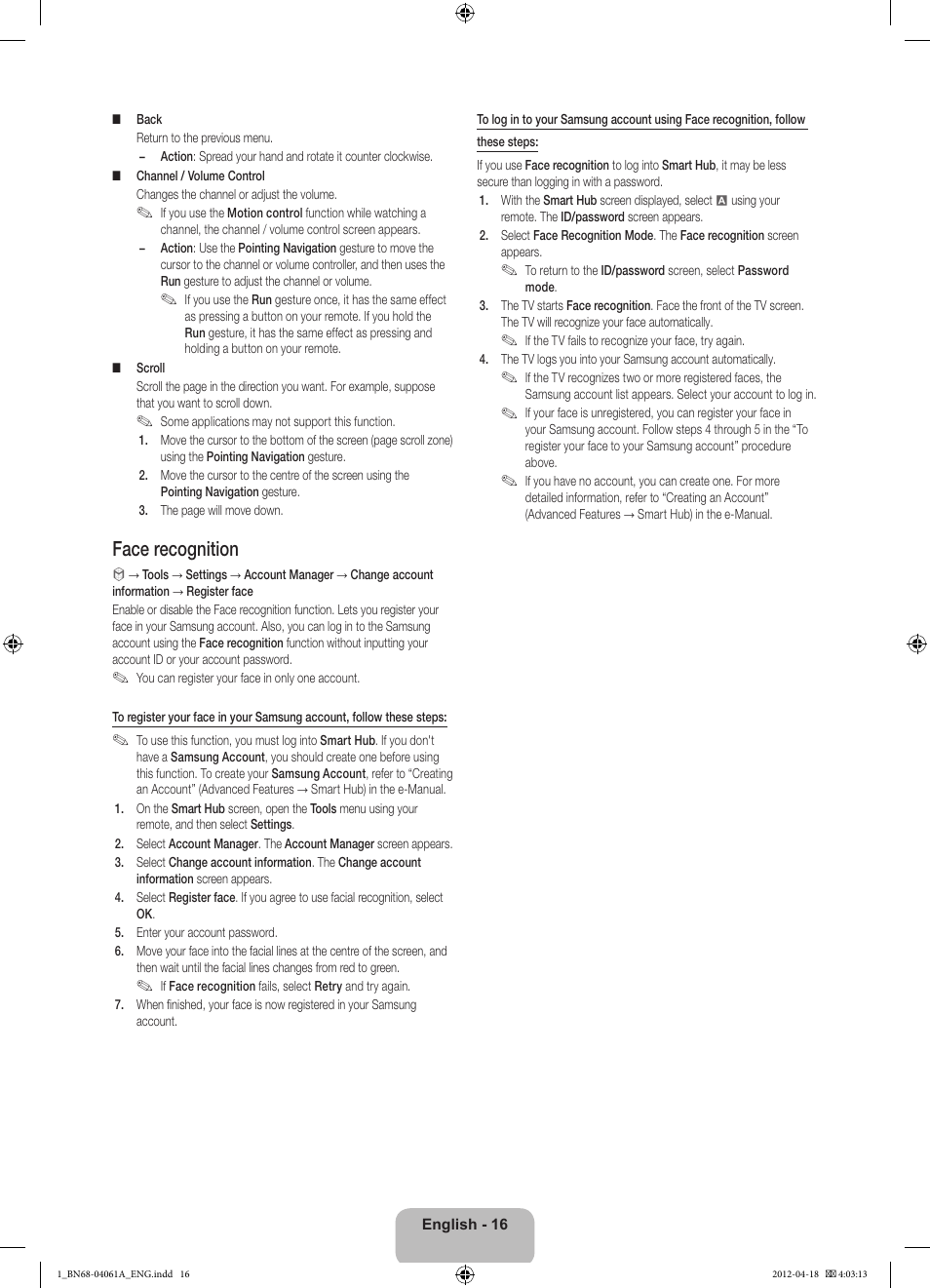 Face recognition | Samsung UE46ES8000S User Manual | Page 16 / 93