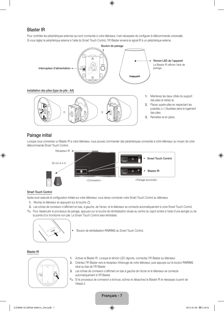 Blaster ir, Pairage initial, Français - 7 | Samsung UE46ES8000S User Manual | Page 30 / 93