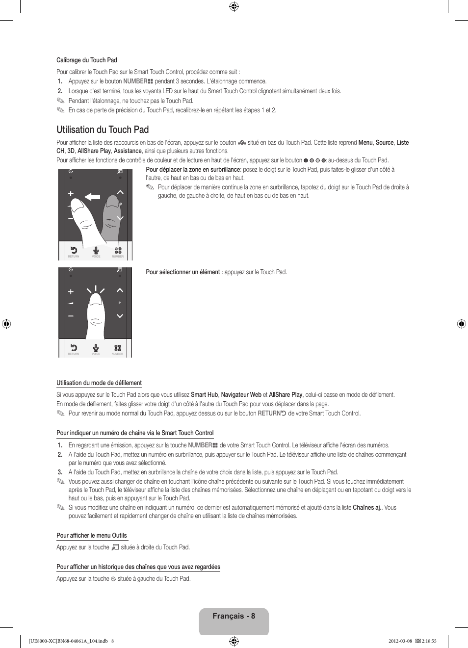 Utilisation du touch pad | Samsung UE46ES8000S User Manual | Page 31 / 93