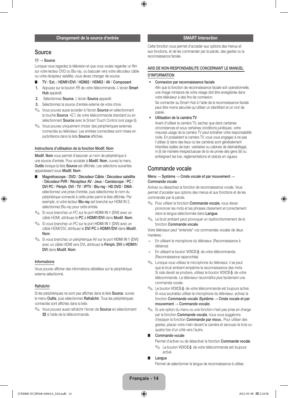 Source, Commande vocale | Samsung UE46ES8000S User Manual | Page 37 / 93