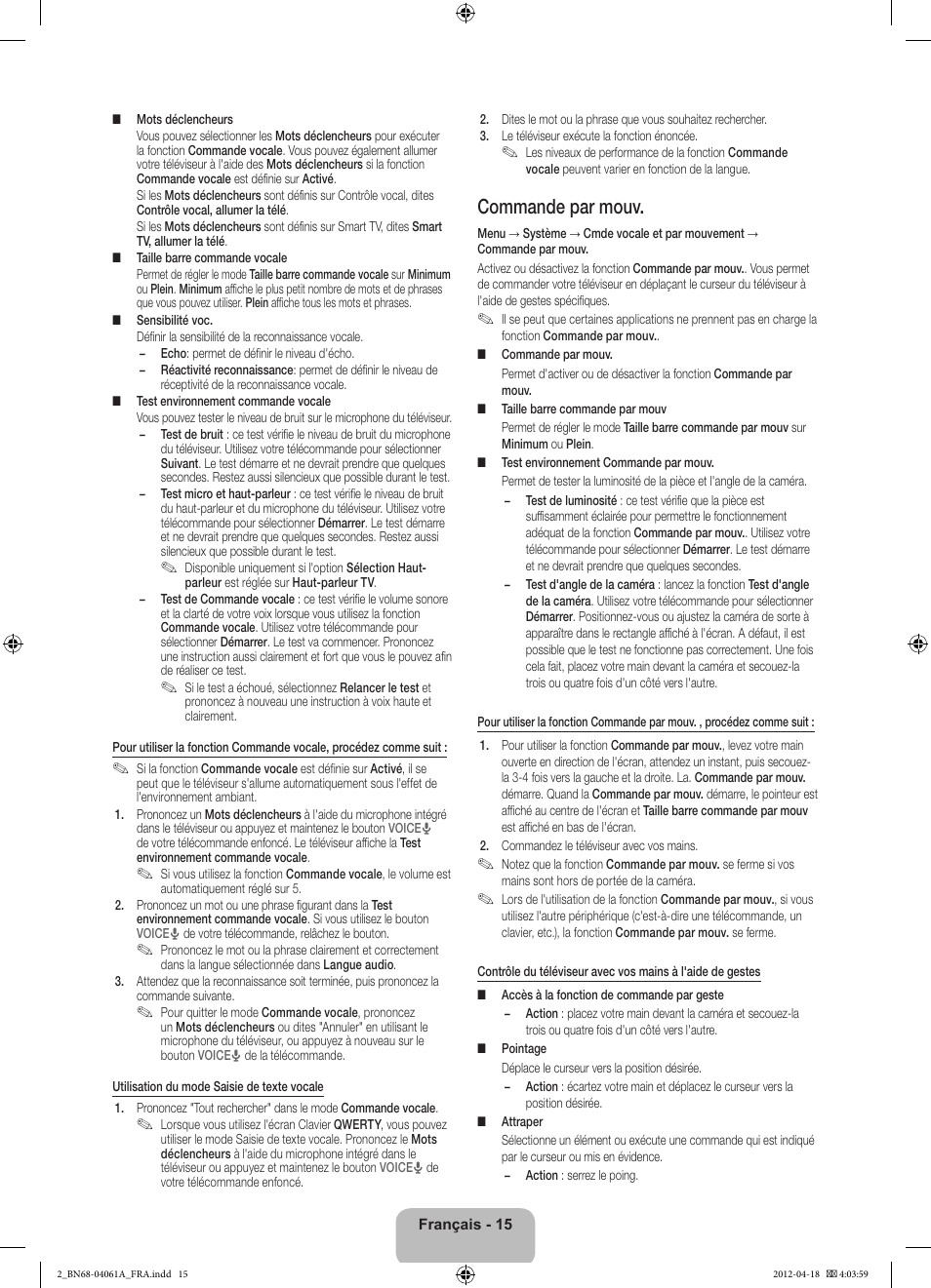 Commande par mouv | Samsung UE46ES8000S User Manual | Page 38 / 93