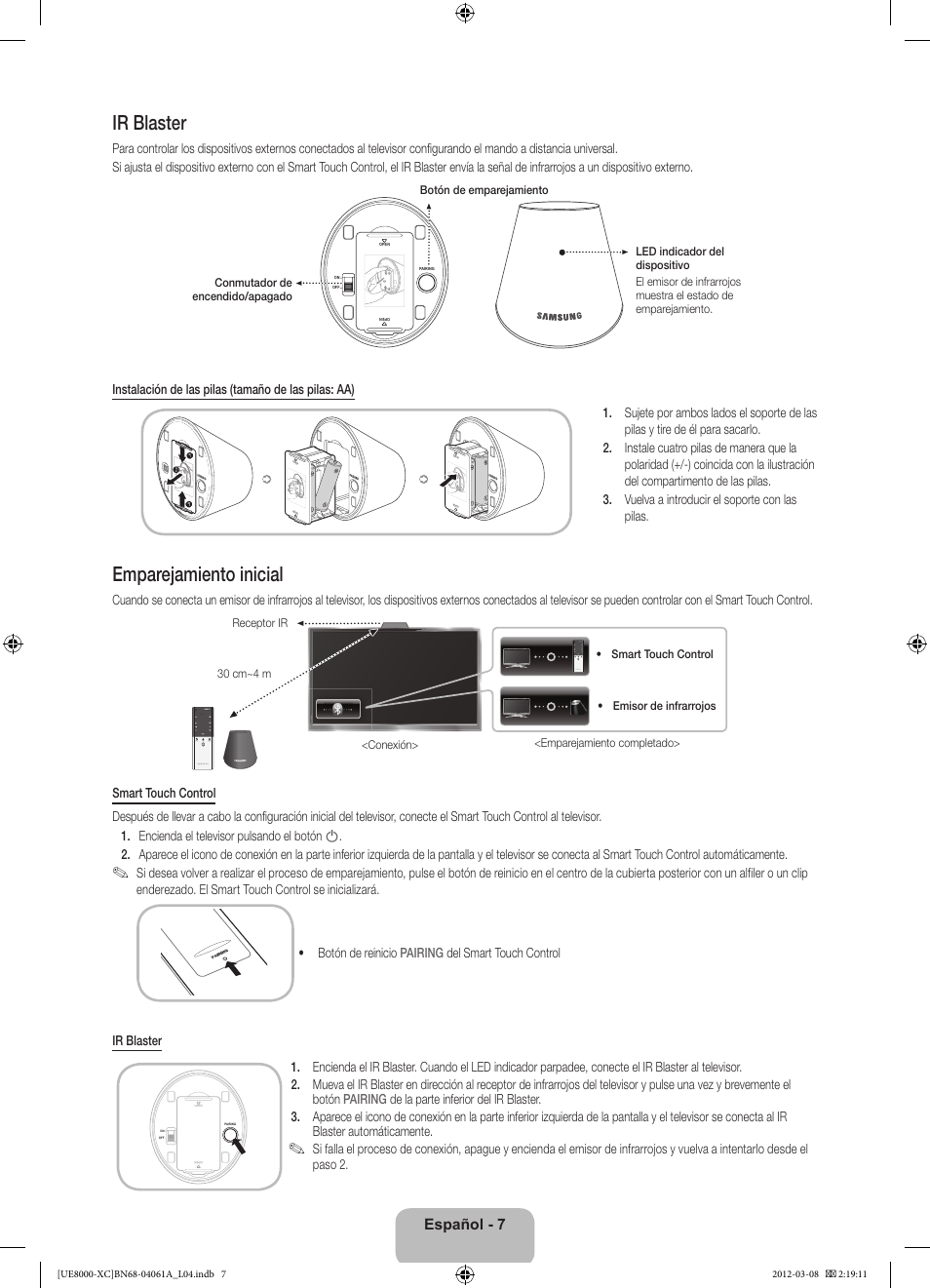 Ir blaster, Emparejamiento inicial, Español - 7 | Samsung UE46ES8000S User Manual | Page 53 / 93