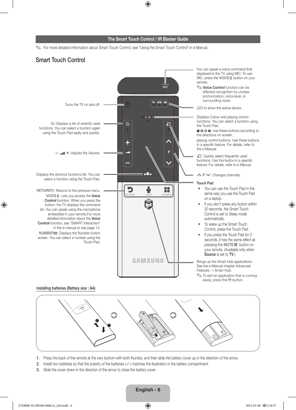 Smart touch control | Samsung UE46ES8000S User Manual | Page 6 / 93