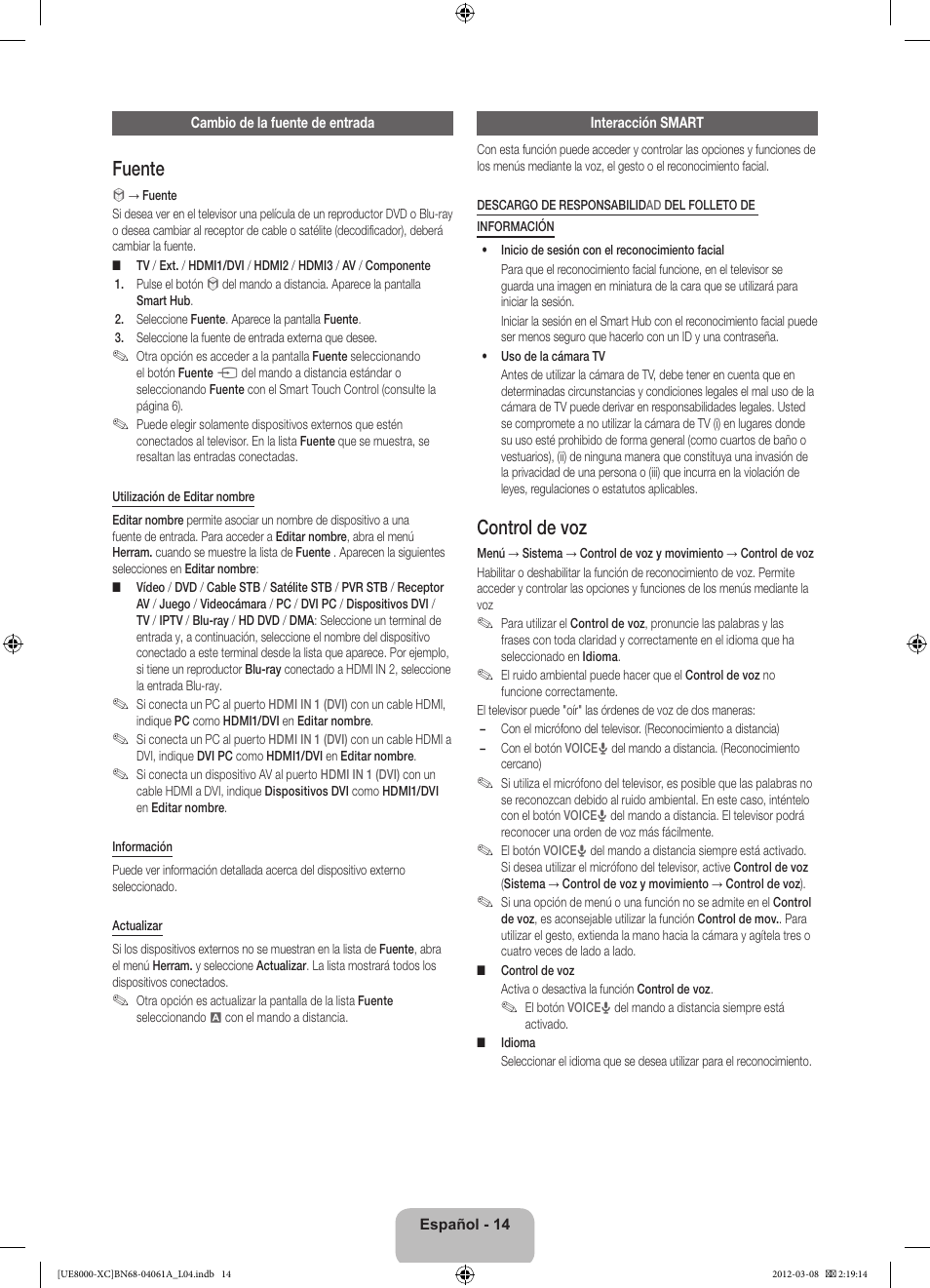 Fuente, Control de voz | Samsung UE46ES8000S User Manual | Page 60 / 93