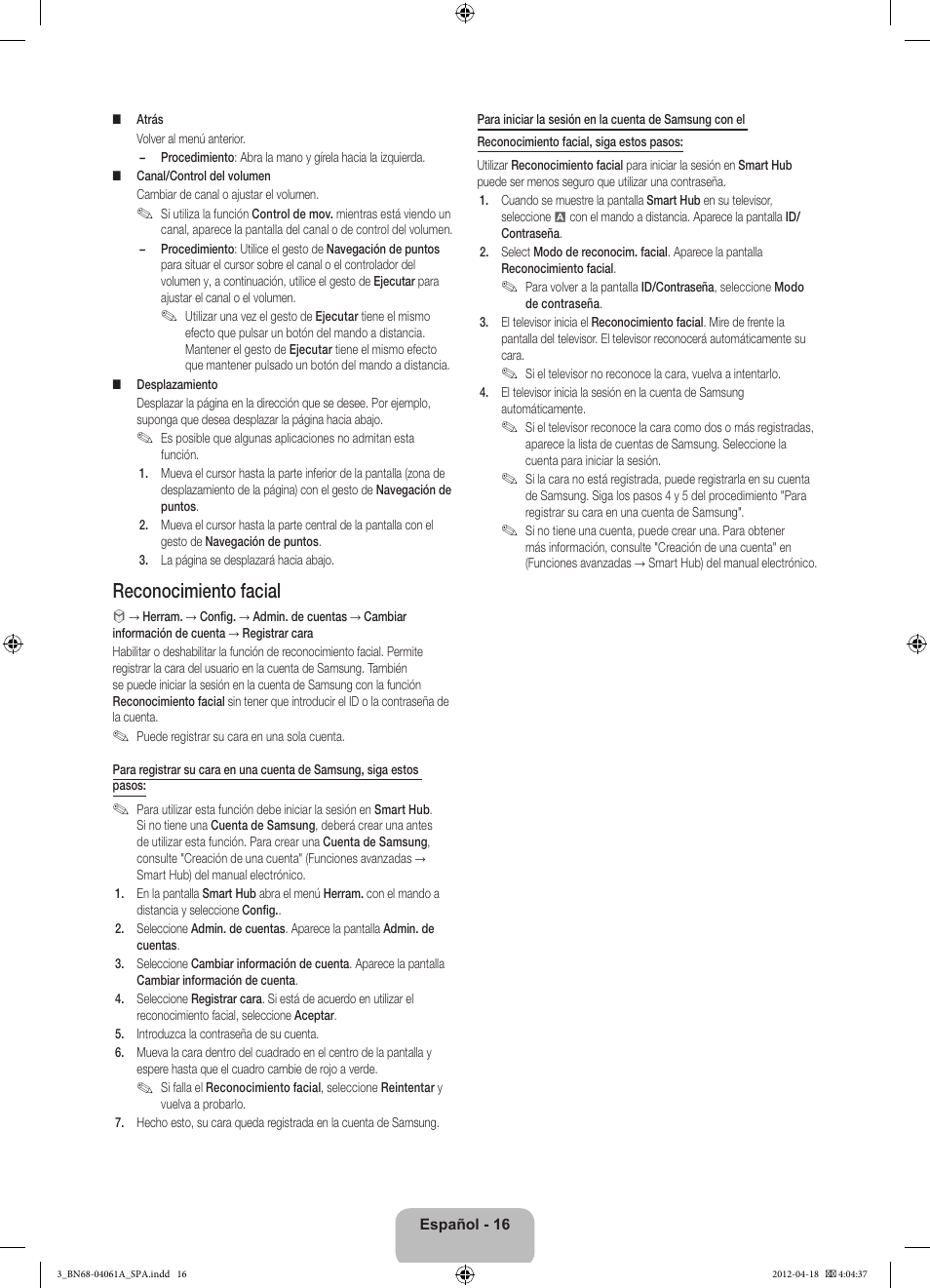Reconocimiento facial | Samsung UE46ES8000S User Manual | Page 62 / 93
