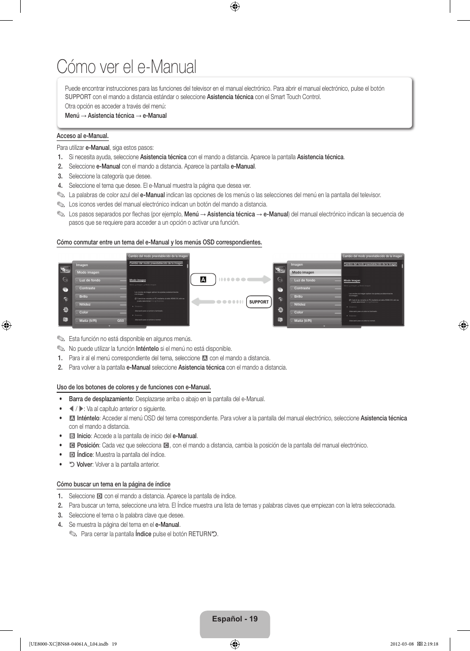 Cómo ver el e-manual, Español - 19, Esta función no está disponible en algunos menús | Samsung UE46ES8000S User Manual | Page 65 / 93