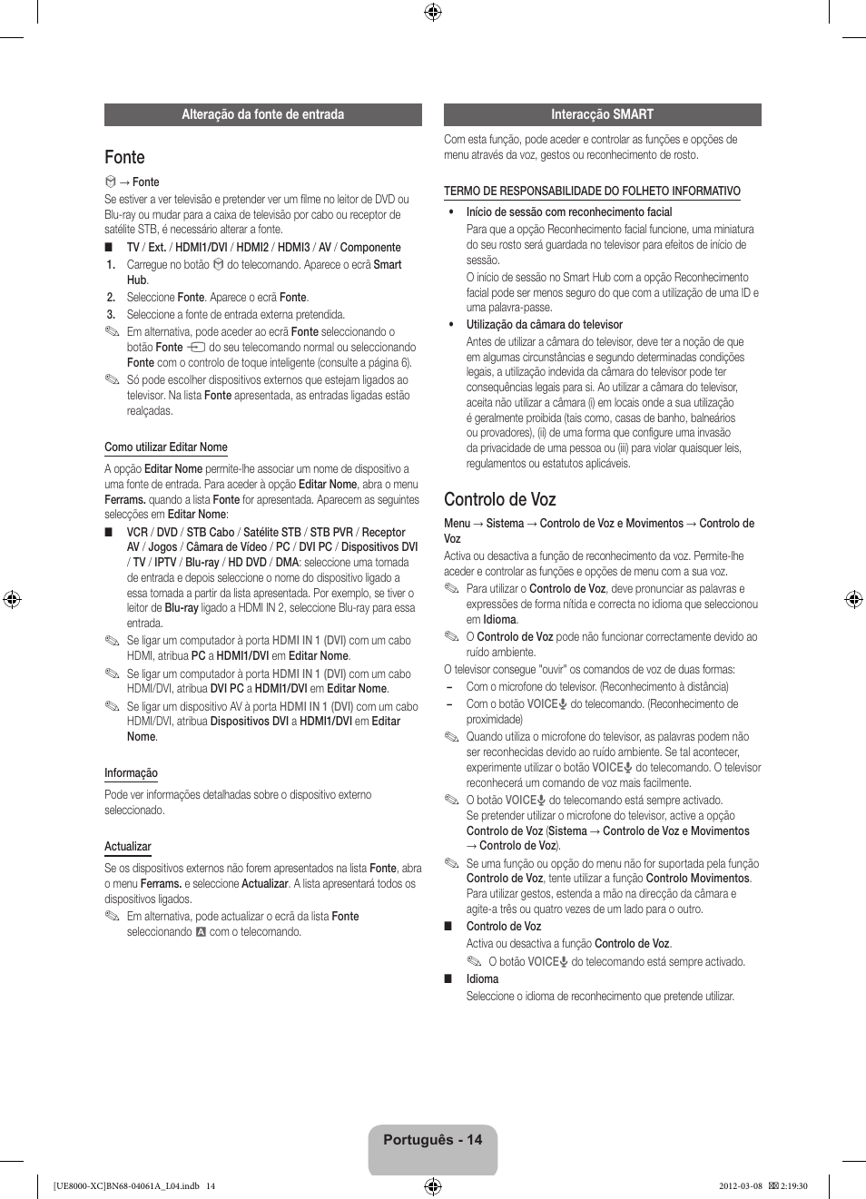 Fonte, Controlo de voz | Samsung UE46ES8000S User Manual | Page 83 / 93