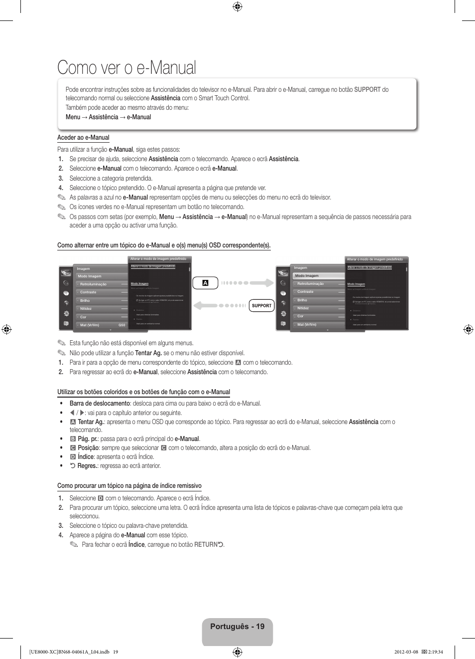 Como ver o e-manual, Português - 19, Esta função não está disponível em alguns menus | Samsung UE46ES8000S User Manual | Page 88 / 93
