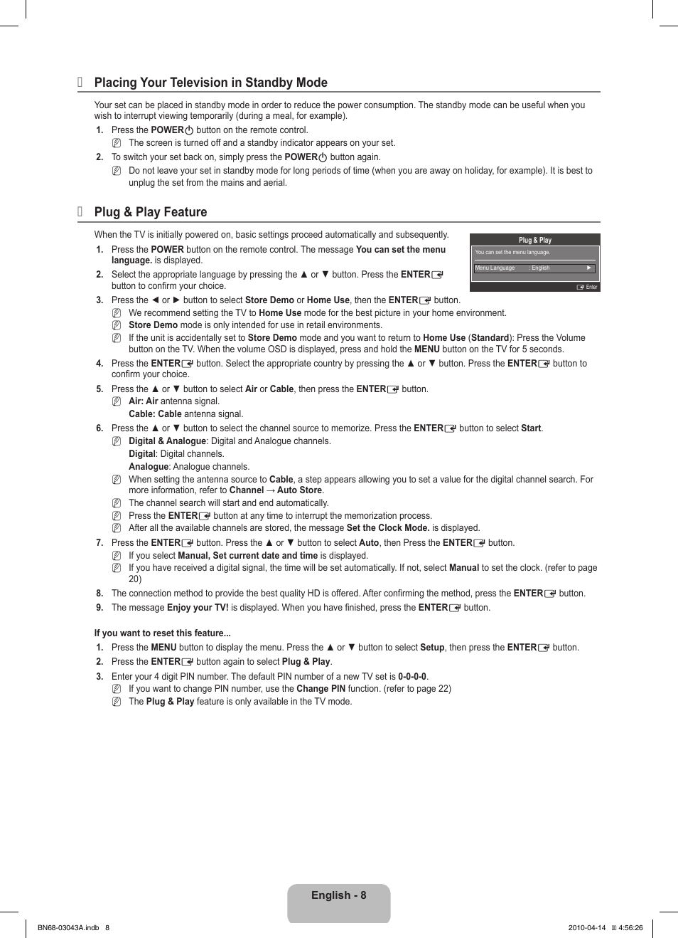 Placing your television in standby mode, Plug & play feature | Samsung LE19C451E2W User Manual | Page 10 / 214