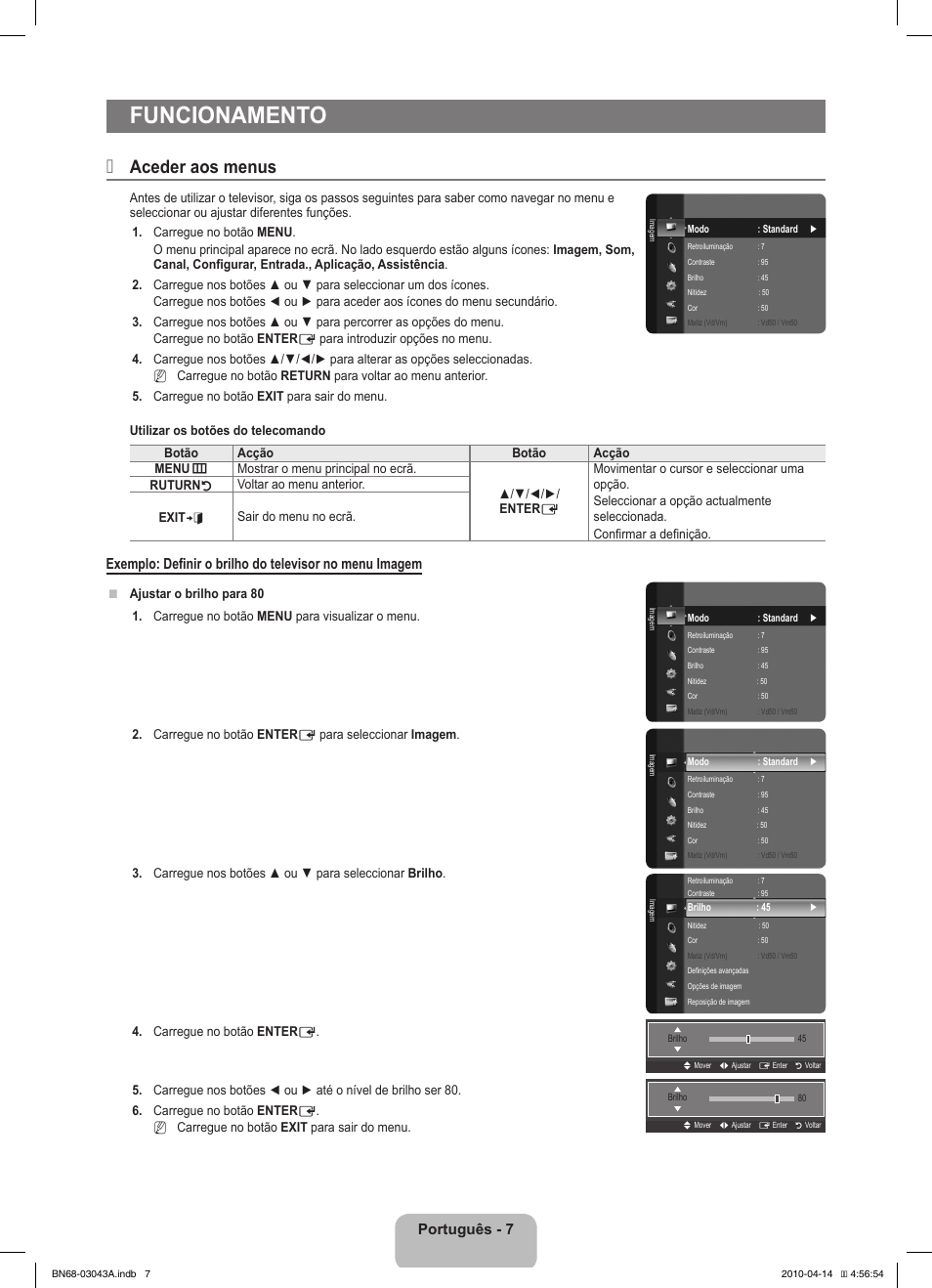 Funcionamento, Aceder aos menus, Português - 7 | Samsung LE19C451E2W User Manual | Page 111 / 214