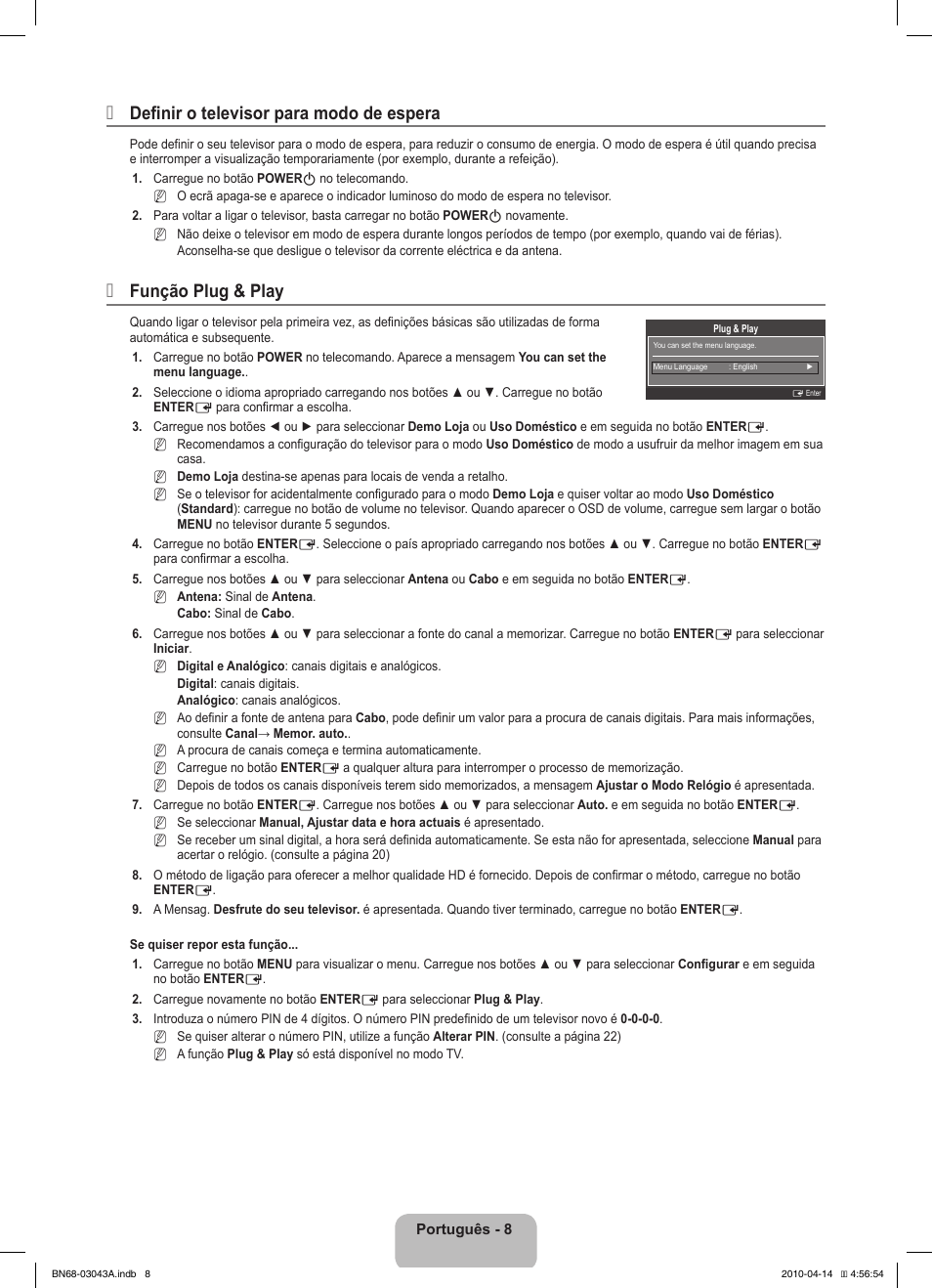 Definir o televisor para modo de espera, Função plug & play | Samsung LE19C451E2W User Manual | Page 112 / 214