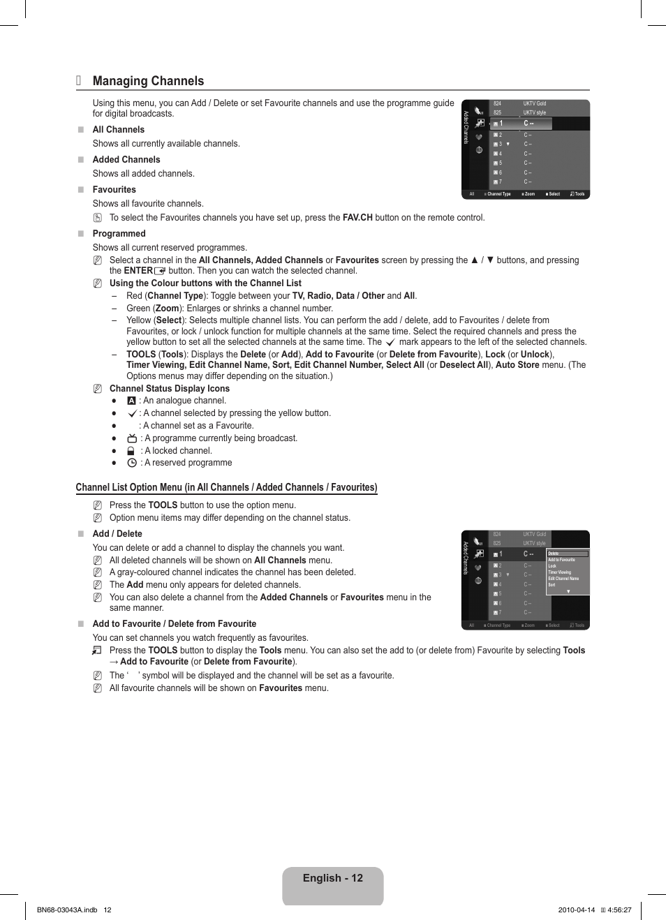 Managing channels, English - 12 | Samsung LE19C451E2W User Manual | Page 14 / 214