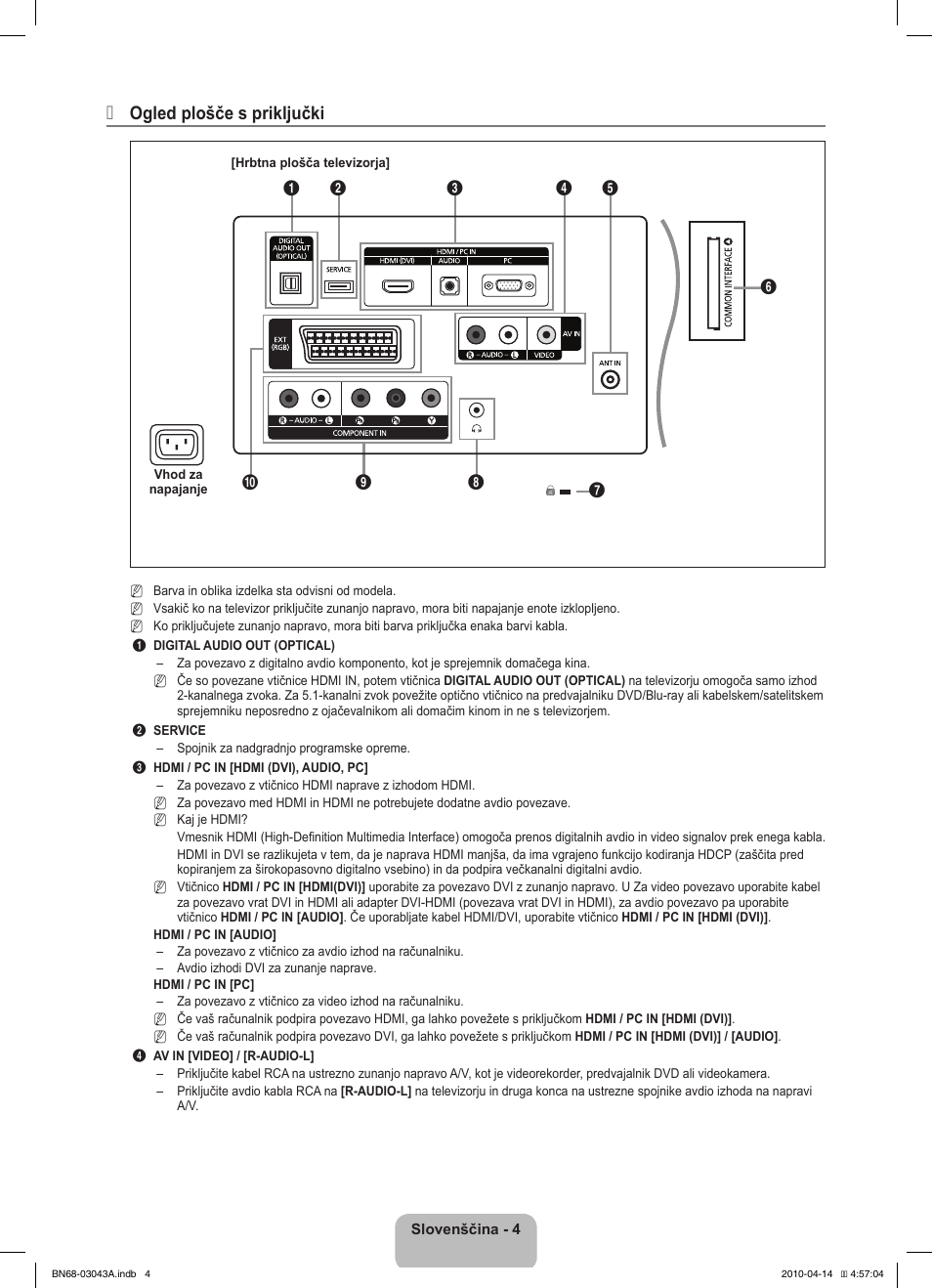 Ogled plošče s priključki | Samsung LE19C451E2W User Manual | Page 142 / 214