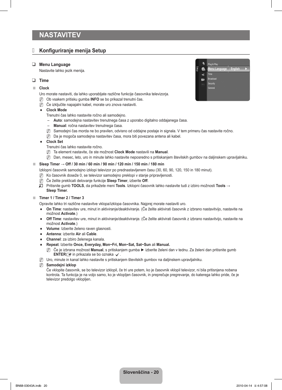 Nastavitev, Konfiguriranje menija setup | Samsung LE19C451E2W User Manual | Page 158 / 214