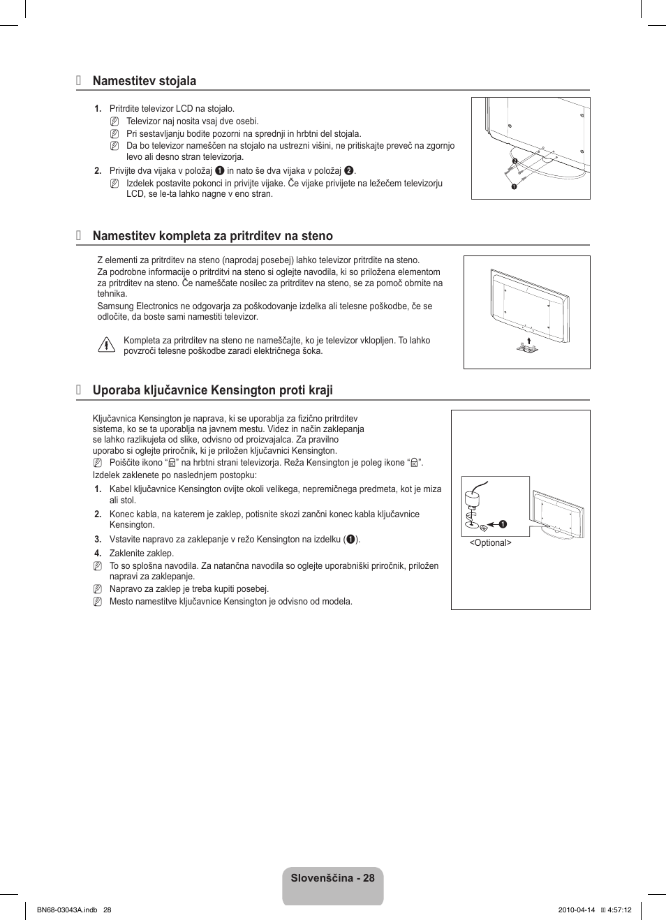 Namestitev stojala, Namestitev kompleta za pritrditev na steno, Uporaba ključavnice kensington proti kraji | Samsung LE19C451E2W User Manual | Page 166 / 214