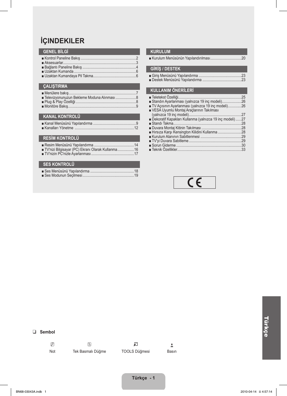 Içindekiler, Tür kçe | Samsung LE19C451E2W User Manual | Page 173 / 214