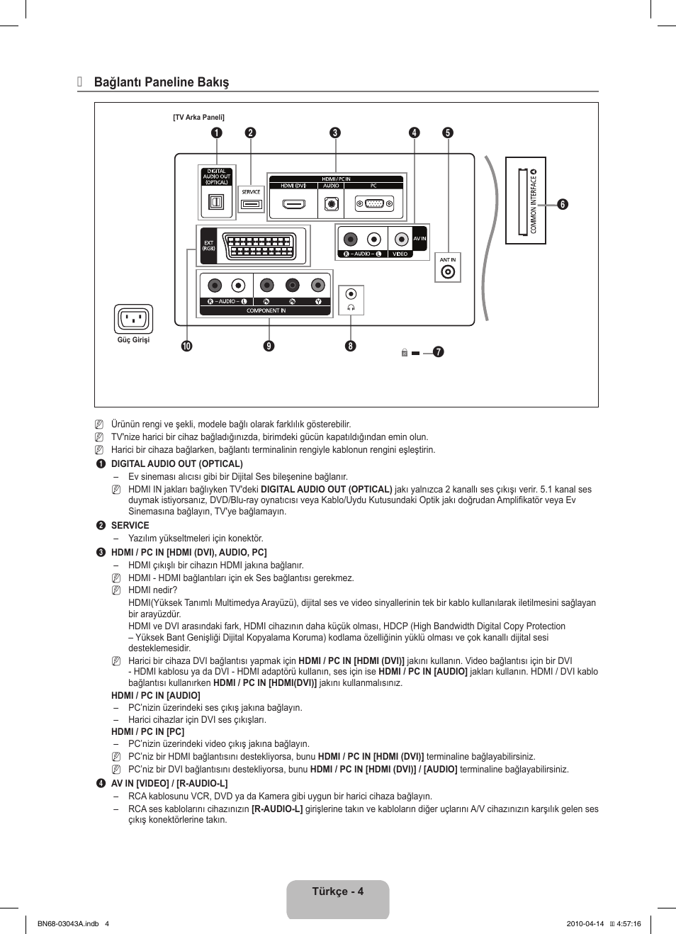 Bağlantı paneline bakış | Samsung LE19C451E2W User Manual | Page 176 / 214