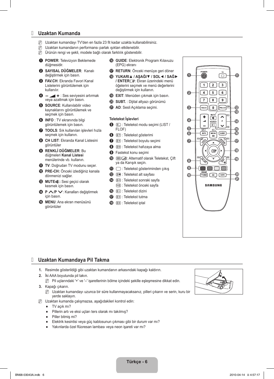 Uzaktan kumanda, Uzaktan kumandaya pil takma | Samsung LE19C451E2W User Manual | Page 178 / 214
