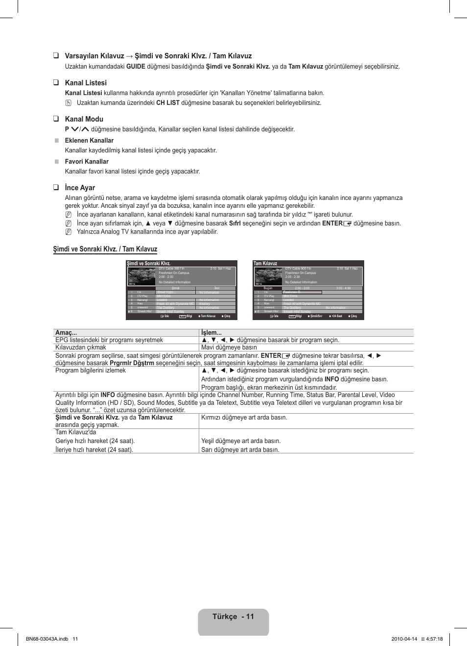 Kanal listesi, Kanal modu, Ince ayar | Şimdi ve sonraki klvz. / tam kılavuz | Samsung LE19C451E2W User Manual | Page 183 / 214