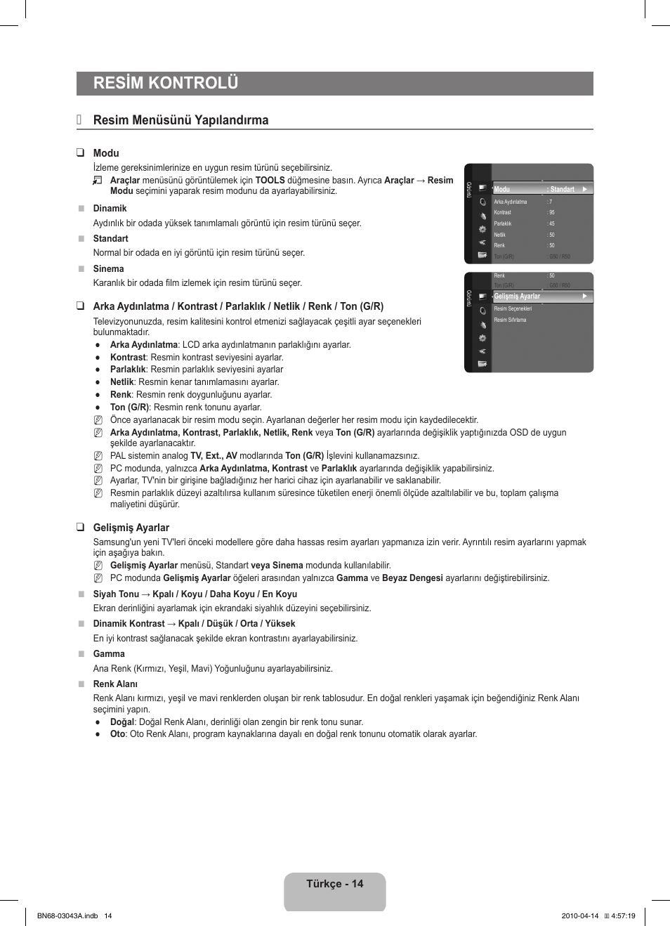 Resim kontrolü, Resim menüsünü yapılandırma | Samsung LE19C451E2W User Manual | Page 186 / 214