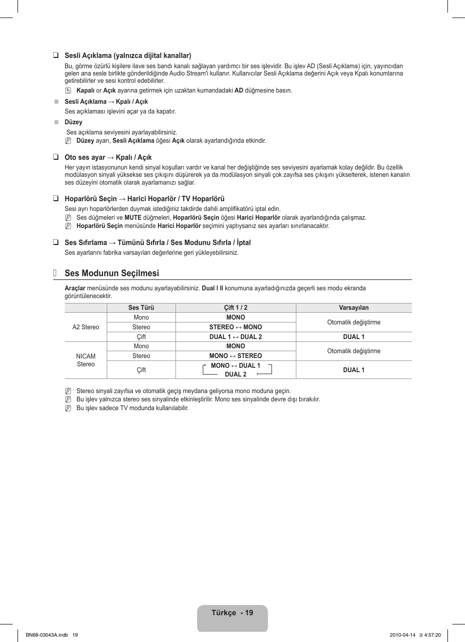 Ses modunun seçilmesi | Samsung LE19C451E2W User Manual | Page 191 / 214