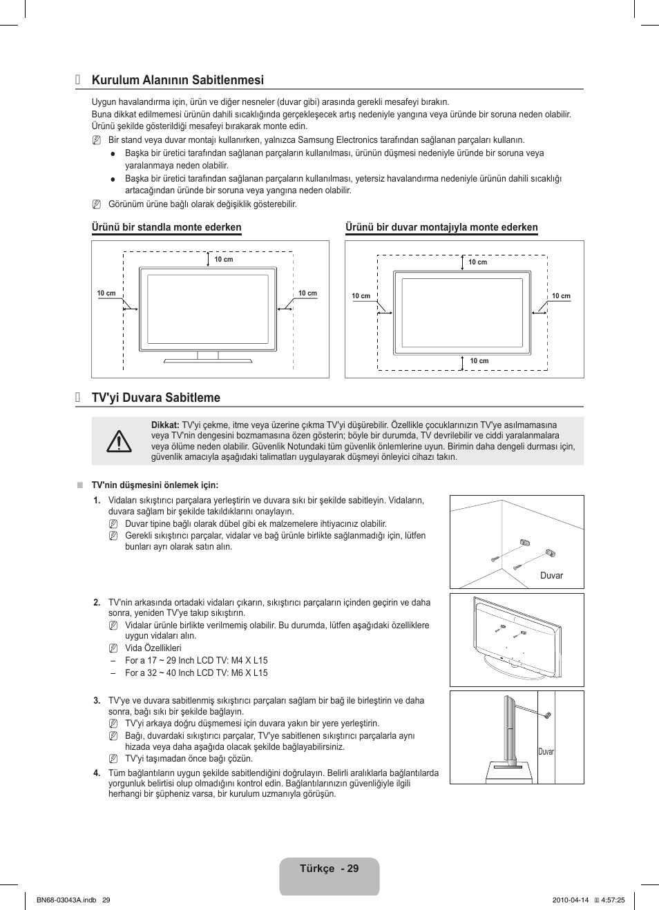 Kurulum alanının sabitlenmesi, Tv'yi duvara sabitleme | Samsung LE19C451E2W User Manual | Page 201 / 214