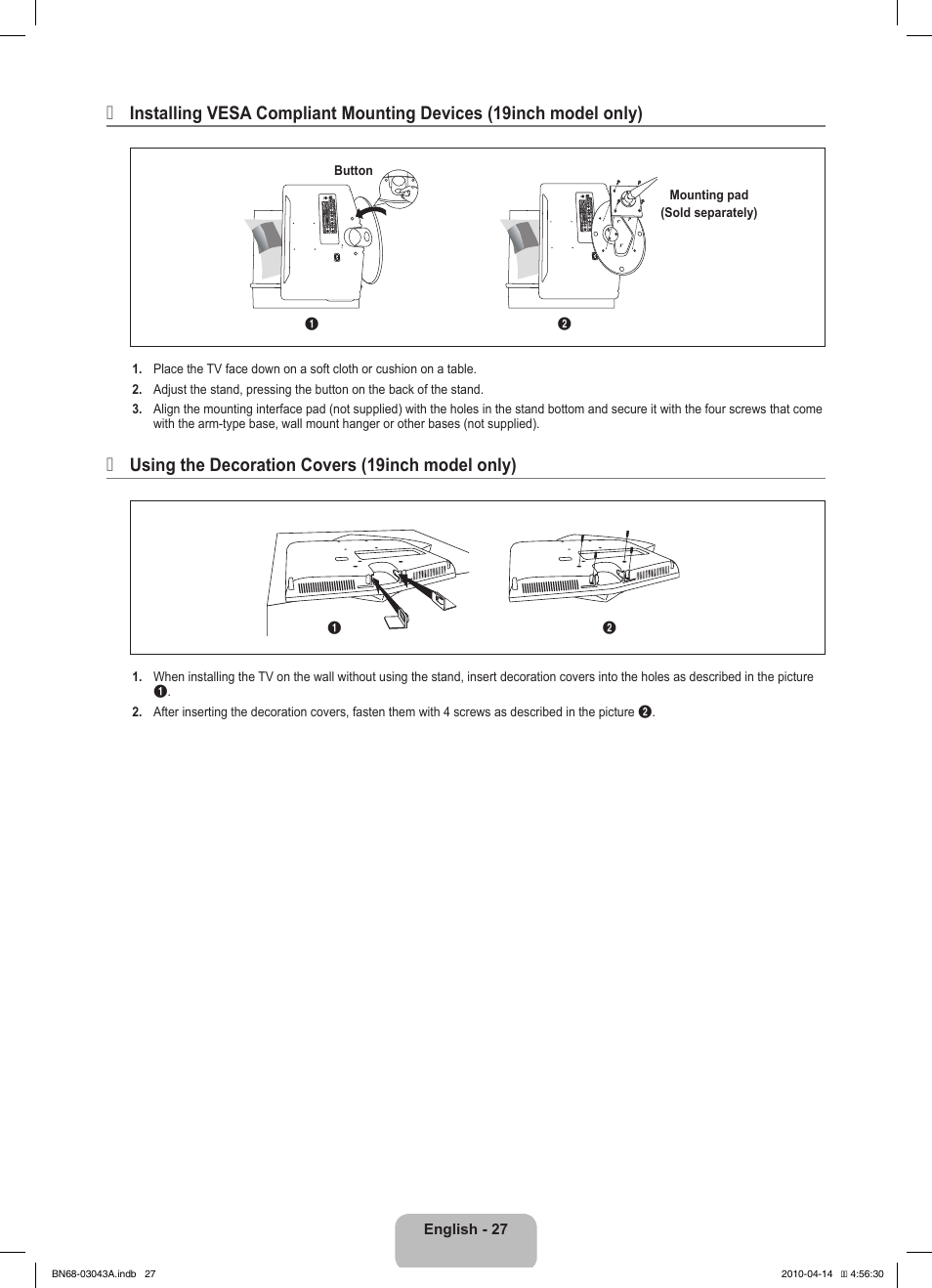 Using the decoration covers (19inch model only) | Samsung LE19C451E2W User Manual | Page 29 / 214