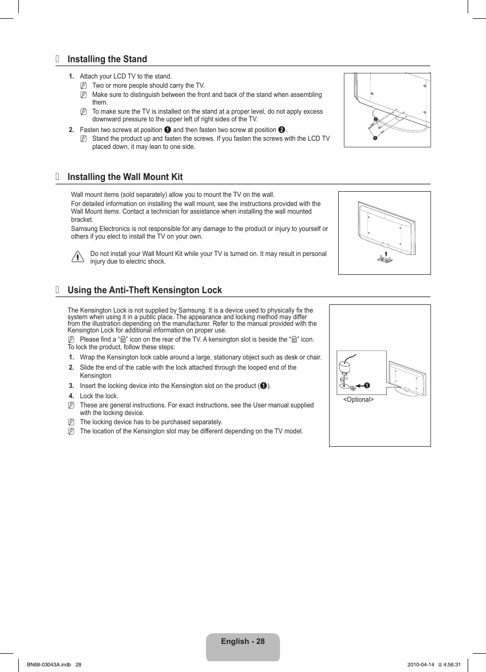 Installing the stand, Installing the wall mount kit, Using the anti-theft kensington lock | Samsung LE19C451E2W User Manual | Page 30 / 214