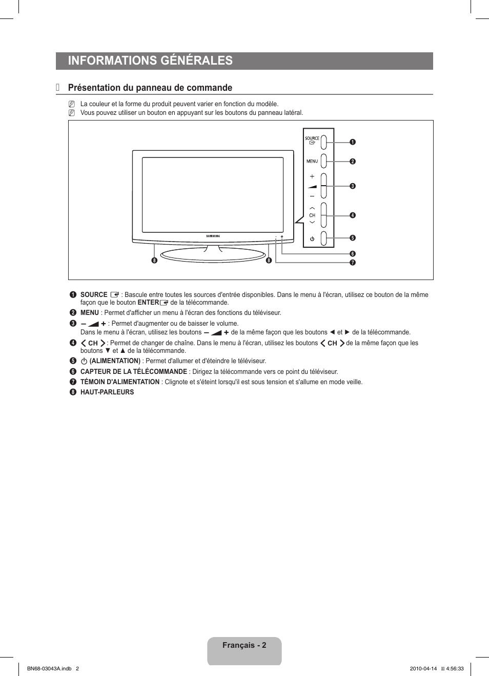 Informations générales, Présentation du panneau de commande | Samsung LE19C451E2W User Manual | Page 38 / 214