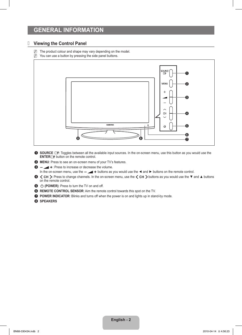 General information, Viewing the control panel | Samsung LE19C451E2W User Manual | Page 4 / 214