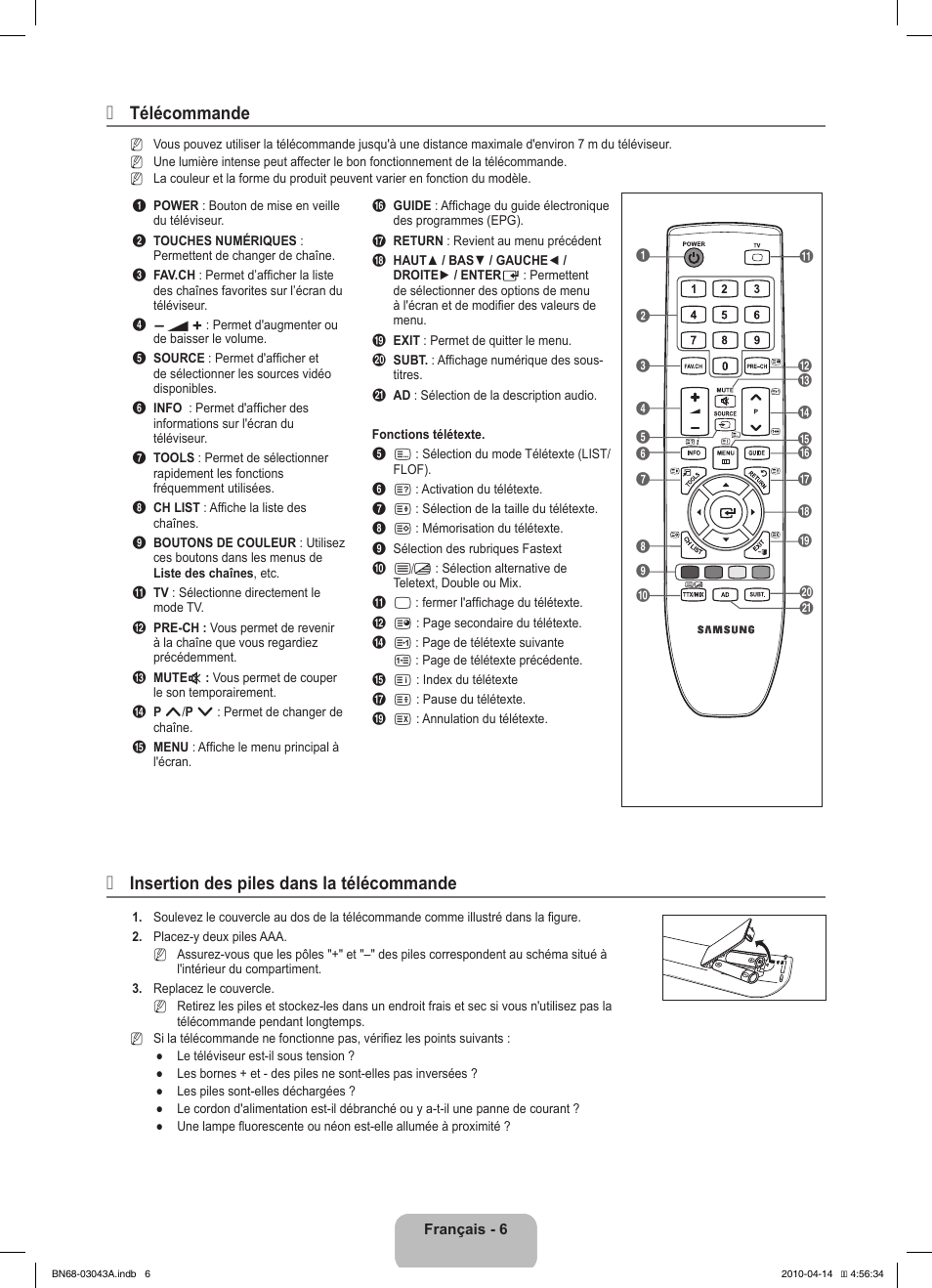 Télécommande, Insertion des piles dans la télécommande | Samsung LE19C451E2W User Manual | Page 42 / 214