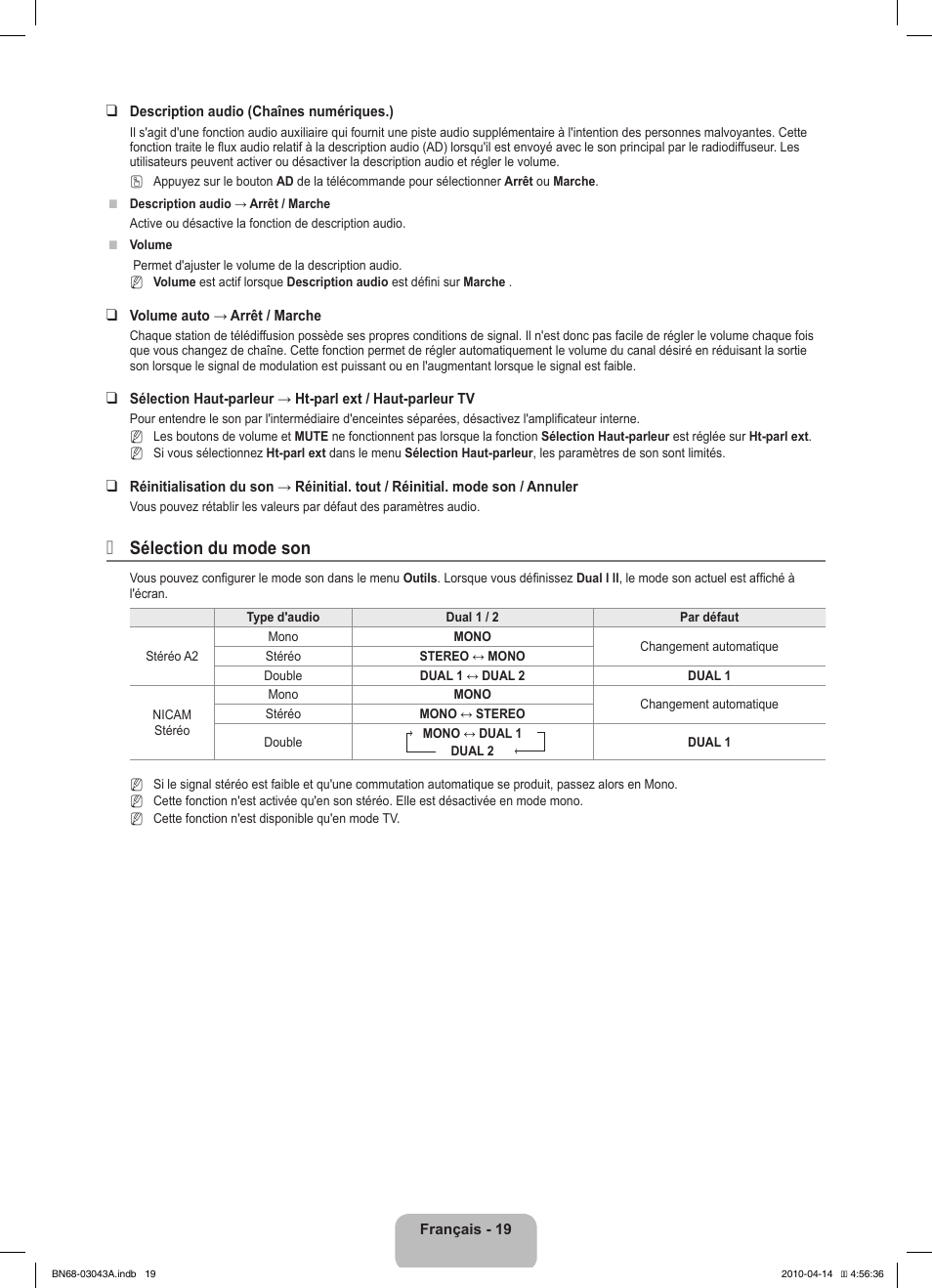 Sélection du mode son | Samsung LE19C451E2W User Manual | Page 55 / 214