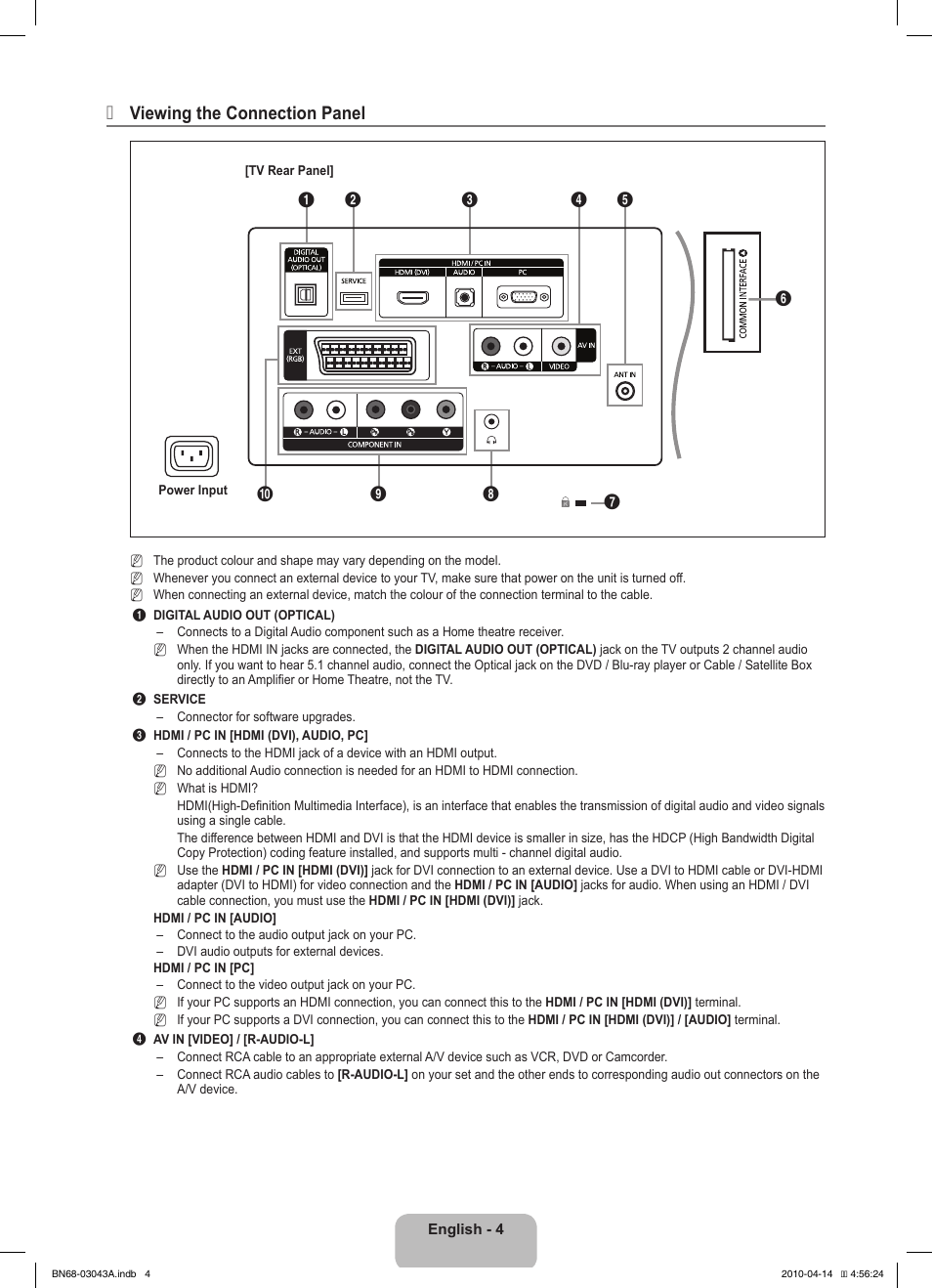 Viewing the connection panel | Samsung LE19C451E2W User Manual | Page 6 / 214