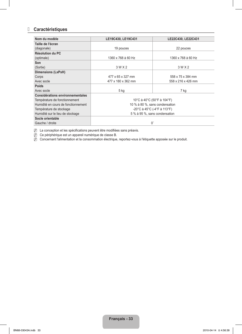 Caractéristiques | Samsung LE19C451E2W User Manual | Page 69 / 214