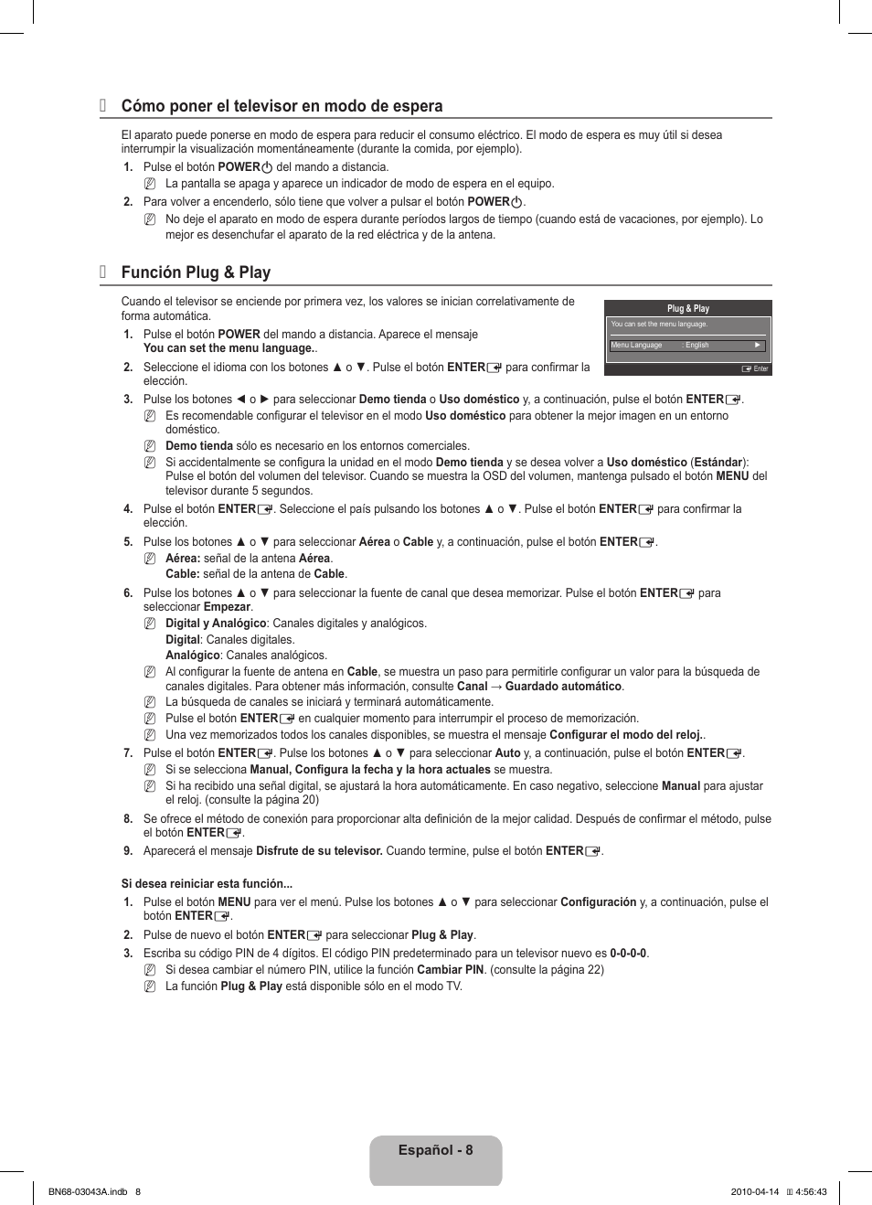 Cómo poner el televisor en modo de espera, Función plug & play | Samsung LE19C451E2W User Manual | Page 78 / 214