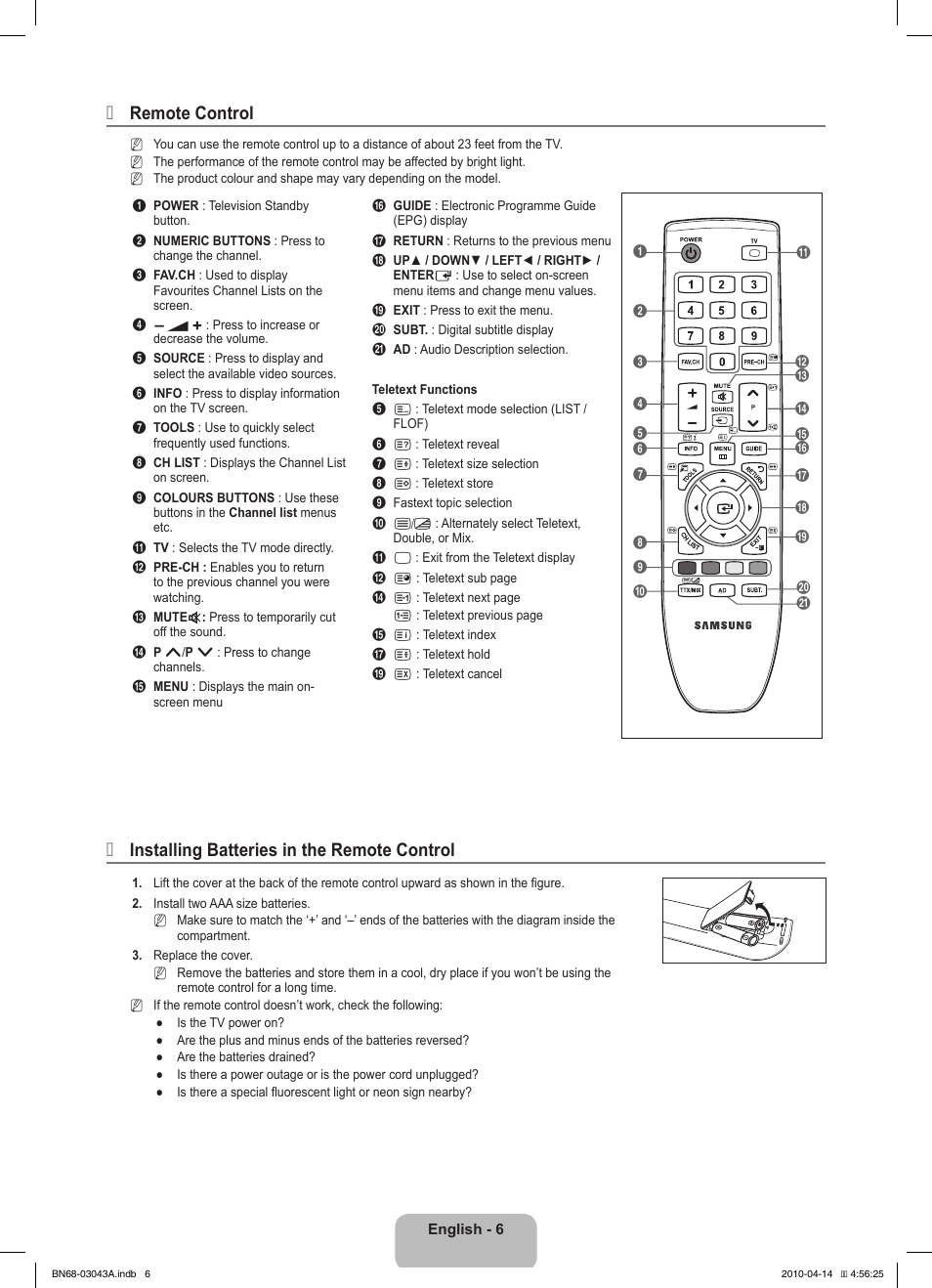 Remote control, Installing batteries in the remote control | Samsung LE19C451E2W User Manual | Page 8 / 214